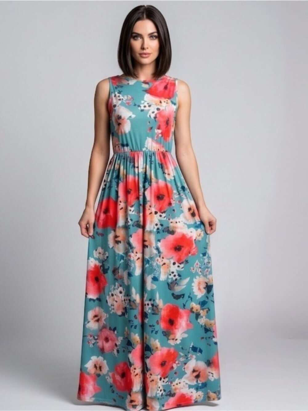 Blue Boho Floral Print Hidden Pocket Dress